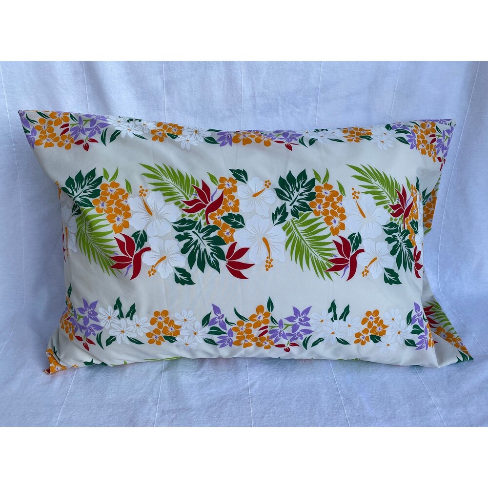 Cream Poly-Cotton Pillowcase w/ Tropical Garlands Pattern | Handmade